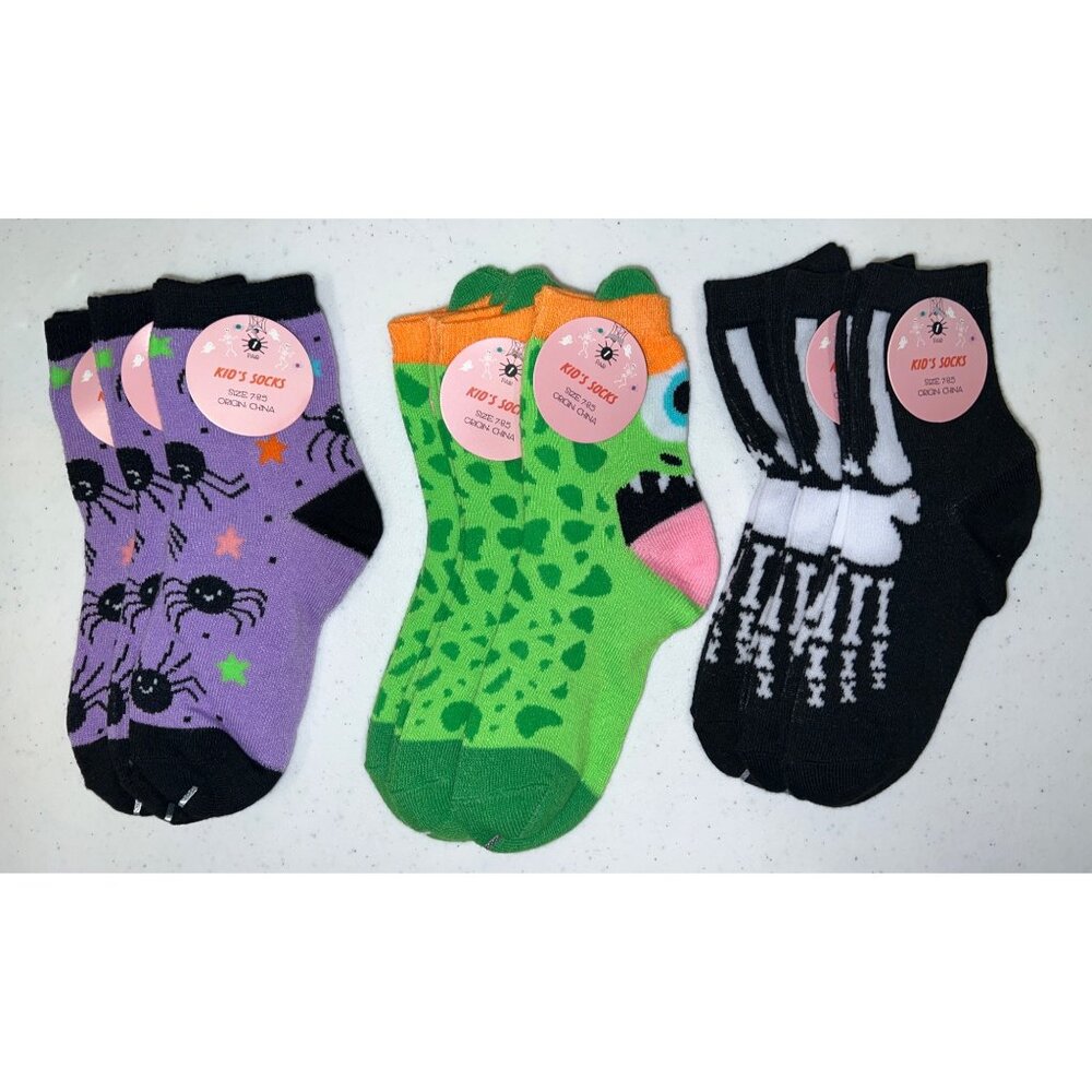 9 Pair Kids Socks Fun Halloween Designs 3-Packs each Design Size 7-8.5